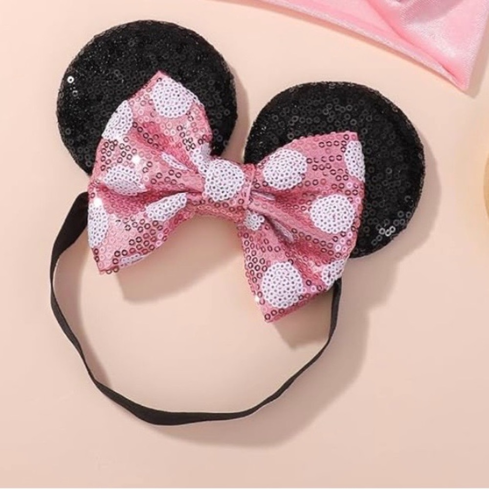 Sequin Minnie Mouse Ears Headband with Pink Polka Dot Bow